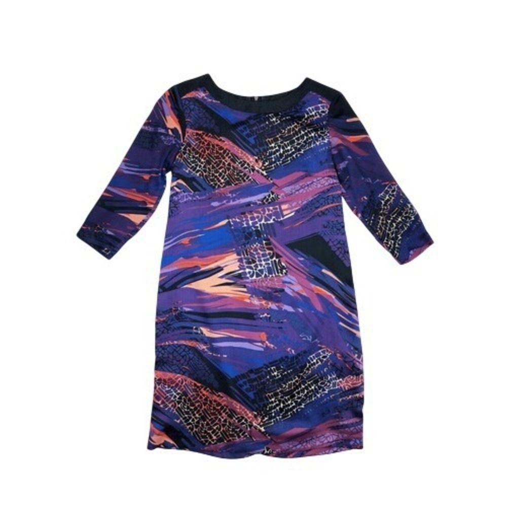Gabby Skye Purple Abstract Chiffon 3/4 Sleeve Shift Work Dress Size 4